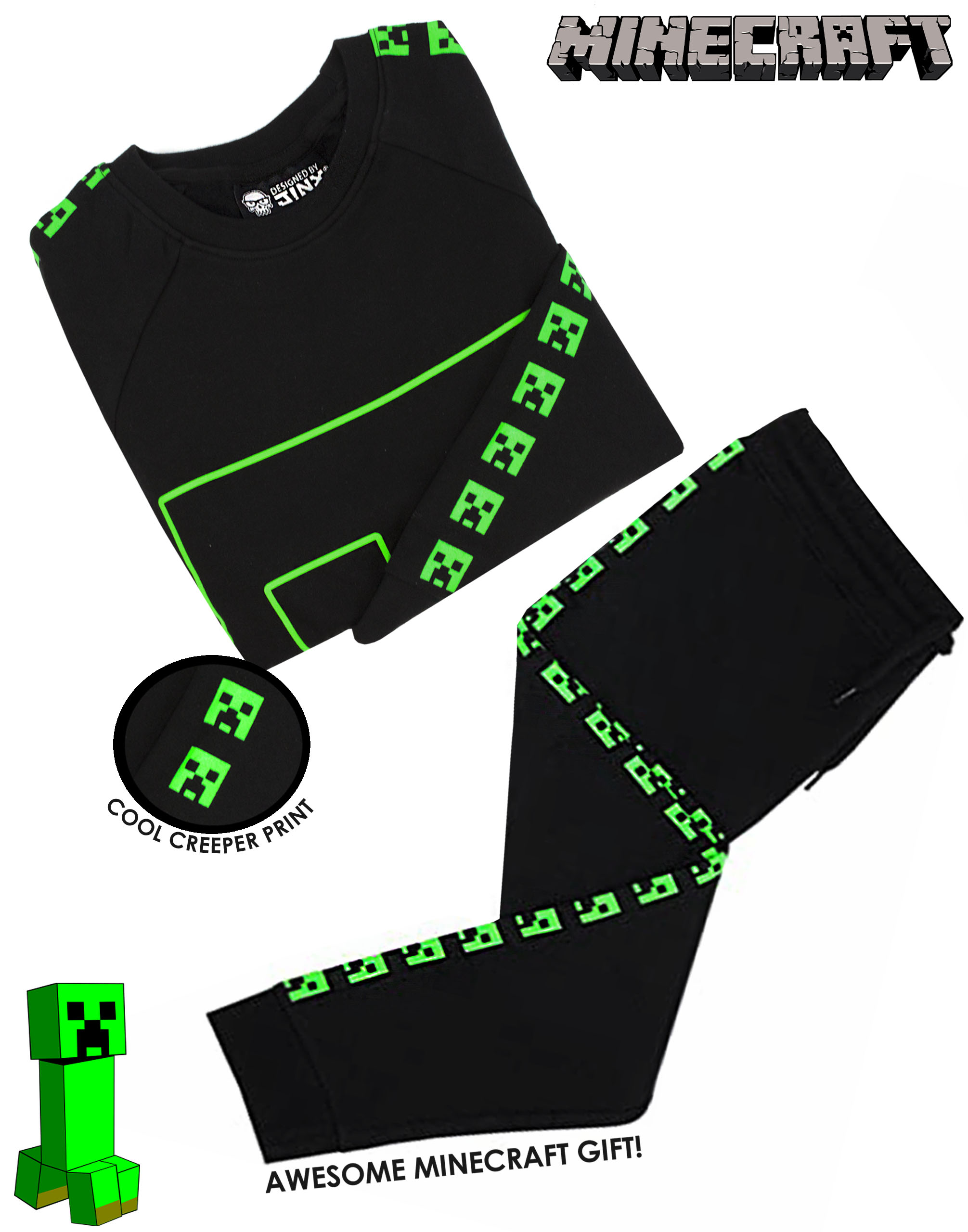 Minecraft Tracksuit Creeper Boys Black Jogging Bottoms and Sweatshirt